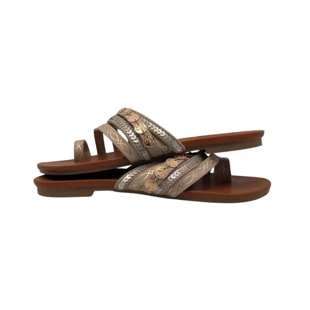 Jellypop Taupe Gold Coin Sandals Size 6.5-7